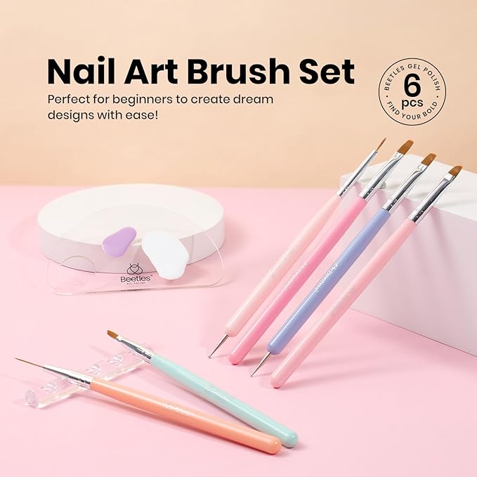 Beetles Nail Art Brushes, 6pcs Nail Art Tool Set, Nail Double-headed Dotting Tools, Striping Nail Art Brushes for Long/Short Lines, Nail Drawing Pen with Nail Brush Holder&Palette For Nail Design