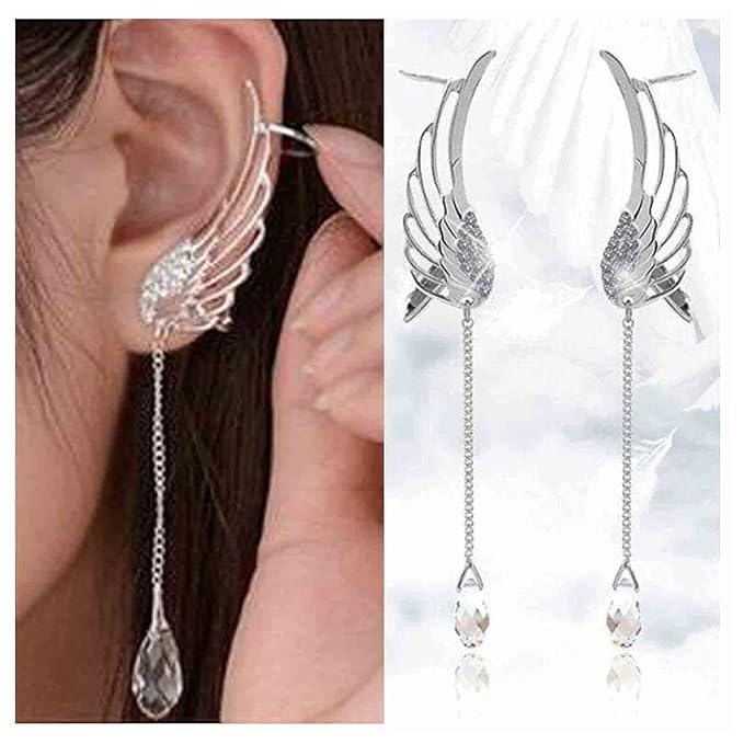 Boho Rhinestone Wing Ear Climbers Earrings Silver Crystal Drop Earring Chain Dangle Earrings Angel Wing Wrap Earrings Jewelry for Women and Girls Gifts