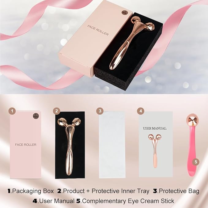 3D Face Roller Metal Facial Massager Face Sculpting Gua Sha Massage Tool for Eye Skin Care Reducing Puffiness Anti-Wrinkle for Women Girl Gift Set(Rose Gold)