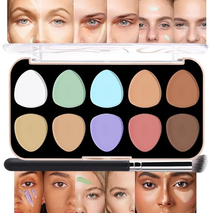 evpct 10 Colors Concealers Full Coverage Cream Contour Palette with Brush for Older Women, Under Eye Color Corrector Tri Color Pot Concealer Palette for Dark Circles Mature Skin Makeup, Waterproof, C1