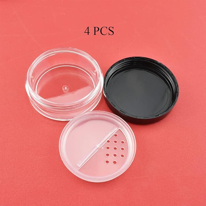 HAHIYO 4pcs 10ml/0.34oz Plastic Empty Travel Compact Case Makeup Cosmetic Jar Refillable Powder Box No Leak Holder with Rotatable Sifter and Black Screw Lid