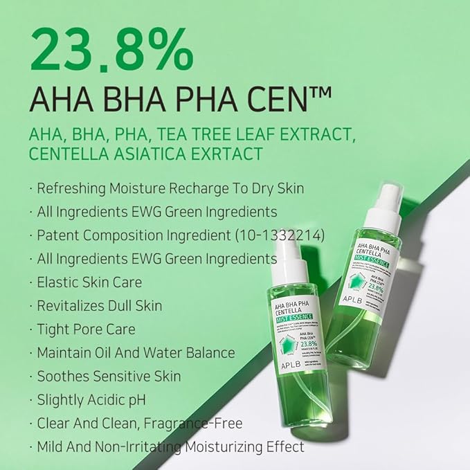 APLB AHA BHA PHA Centella Mist Essence | AHA BHA PHA CEN™ 23.8% 3.55 FL.OZ/Korean Skincare, Exfoliant, Replenishing Moisture, Revitalize for Gentle and Improve Skin Texture