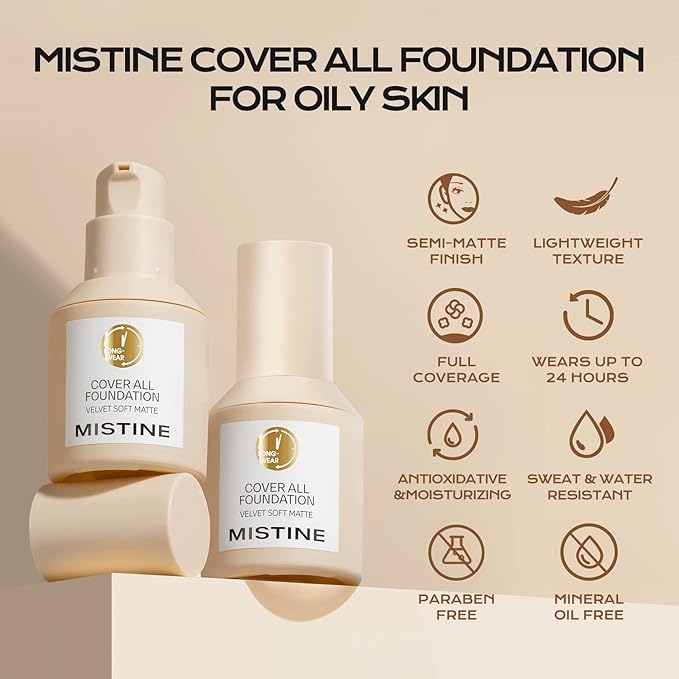 MISTINE Liquid Foundation Makeup Full Coverage Foundation for Oily Skin,24 Hour Oil Control Makeup Foundation,Skin-Caring,Moisturizing Formula,Waterproof Foundation,Matte Finish,Satin,1 Fl Oz
