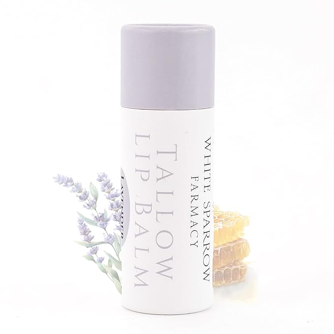 Organic Tallow Lip Balm (Lavender & Honey) from Grass Fed Cows. Super hydrating with Tallow, Olive Oil, Honey, and Beeswax. Sustainable Cardboard Tubes & Hand Filled. Jumbo Size 0.5 oz.