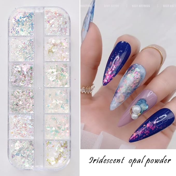 Holographic Iridescent Nail Art Nail Glitter KALEFUL Powder Aurora Foil Sequins Flakes Paillettes Designs Manicure Nail Decorations - 12 Grids