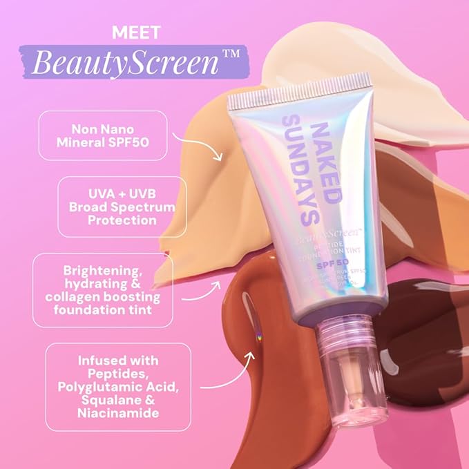 Naked Sundays BeautyScreen™ SPF 50 Mineral Peptide Foundation Tint – 2-in-1 Skin Tint & Mineral Sunscreen | Radiant, Buildable Coverage, Acne-Safe, Infused with Peptides (6 Tan Caramel, 1.01 oz)