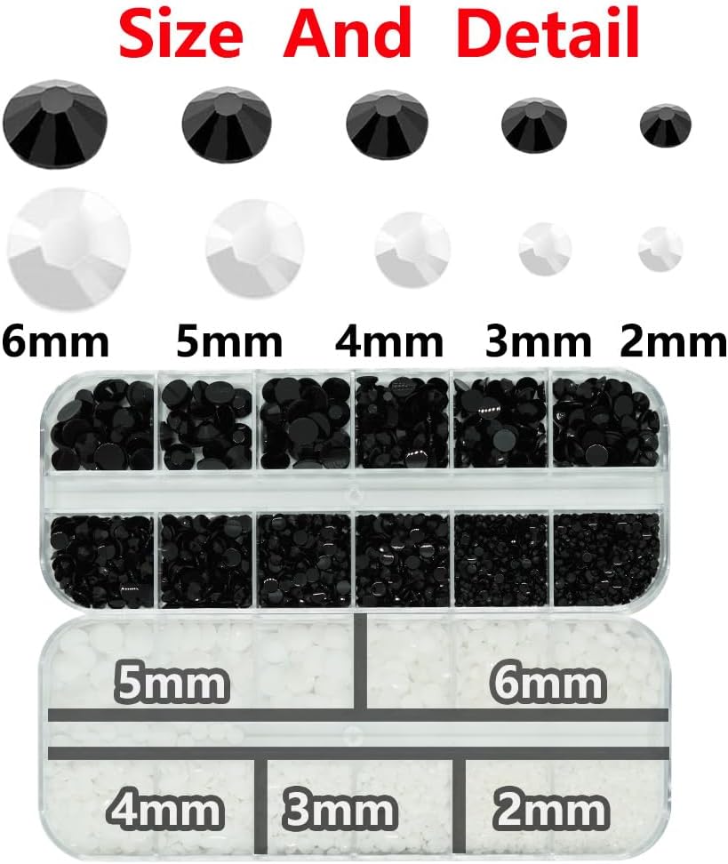 Black And White Rhinestones for Bedazzling With B7000 Glue, 2mm 3mm 4mm 5mm 6mm (SS8-SS30) Non-Hotfix Flatback Nail Gems Beads, Nail Crystals Diamond Kit for Bedazzle Crafting, Nails DIY Art