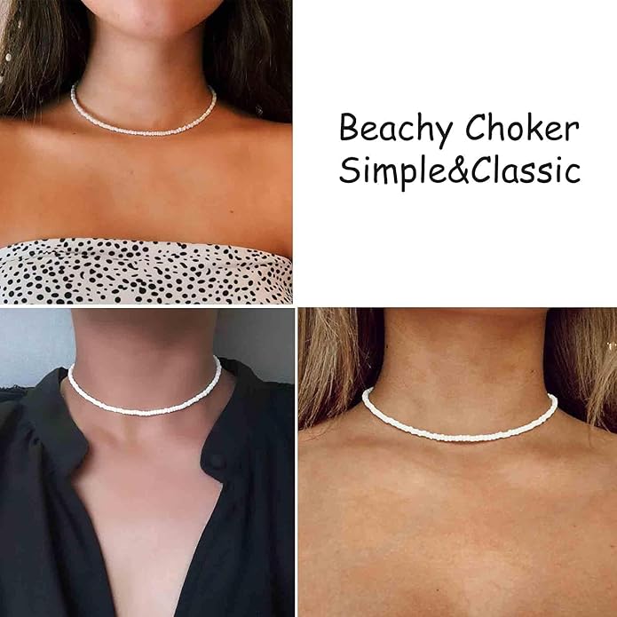 Boho Seed Bead Choker Necklace Tiny Rice Bead Necklace Chain Beachy Necklace Chain Jewelry for Women and Girls