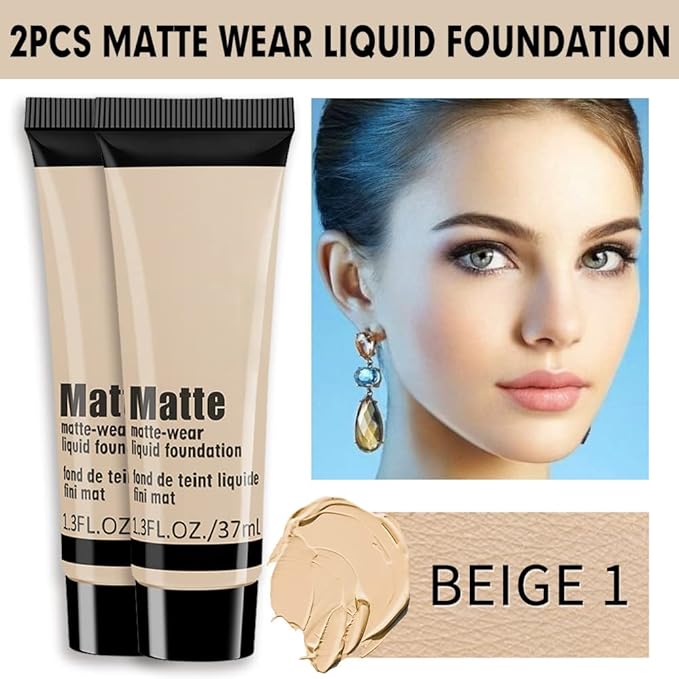 2 Pack Liquid Foundation Cream for Face Makeup,Durable Full Coverage Matte Concealer Make Up,Oil Control & Waterproof Base Primer -1+1 Fl.Oz-BEIGE 1#
