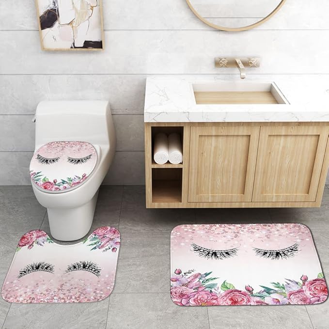 4PCS Diamond Eyelash Shower Curtain Set, Rustic Flower Botanical Bouquet Confetti Girly Makeup Fashion Bathroom Decor Waterproof Fabric Shower Curtain Non-Slip Bath Mat Toilet Rug, Pink Floral