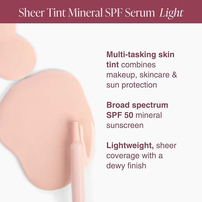 Mineral Fusion Face Serum, Sheer Tint Mineral SPF Serum, 1 Fl Oz, Light, Tinted Broad Spectrum SPF 50 Mineral Sunscreen, Sheer Coverage, Lightweight & Dewy Finish for Glowing, Protected Skin
