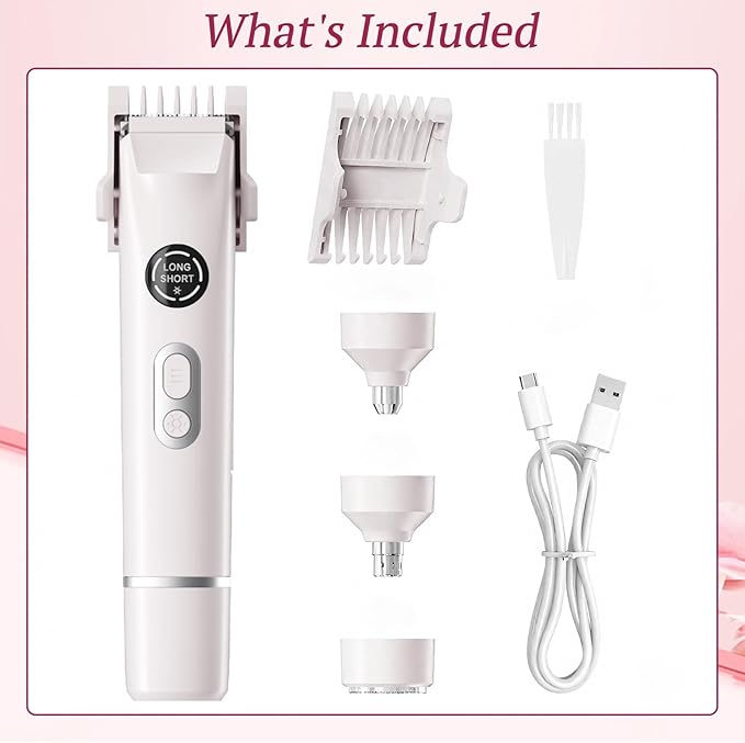 Bikini Trimmer for Women, 4 in 1 Wet/Dry Electric Razors for Women - Dual Head, Painless Rechargeable Portable Womens Razors for Shaving Set for Face, Nose, Eyebrows, Armpits, Bikini Area (White)