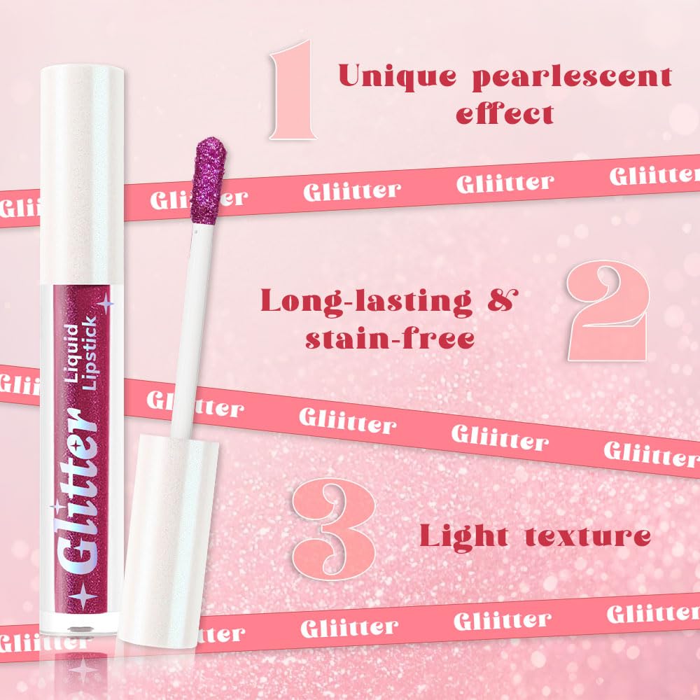 Purple Metallic Lipstick for Women,Lightweight Glitter Sparkling Liquid Lipsticks,Shimmer Lip Gloss Stain Long Lasting Waterproof Smudge Proof Non-Drying 24 Hour Full Coverage Lip Makeup,Vegan