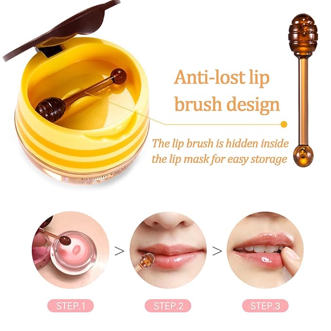 3 PCS Bee Lip Balm Lip Mask Honey Pot, Honey & Strawberry & Watermelon Lip Mask Overnight Propolis Moisturizing Lip Balm with Stick, Hydrating Repair Lip Sleeping Mask,Prevention Dry & Cracked