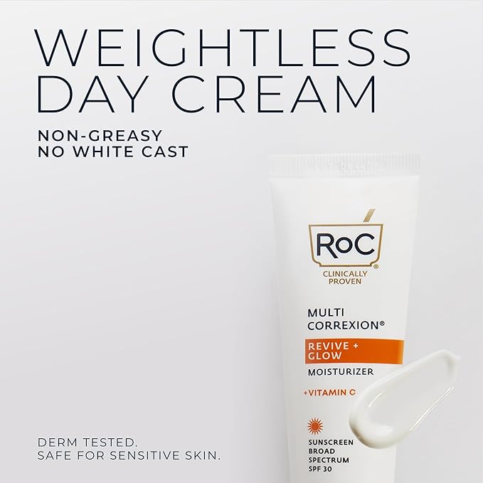 RoC Multi Correxion Revive + Glow Vitamin C Sunscreen Broad Spectrum SPF 30 Face Moisturizer (1.7 oz) with Retinol Eye Cream Packette
