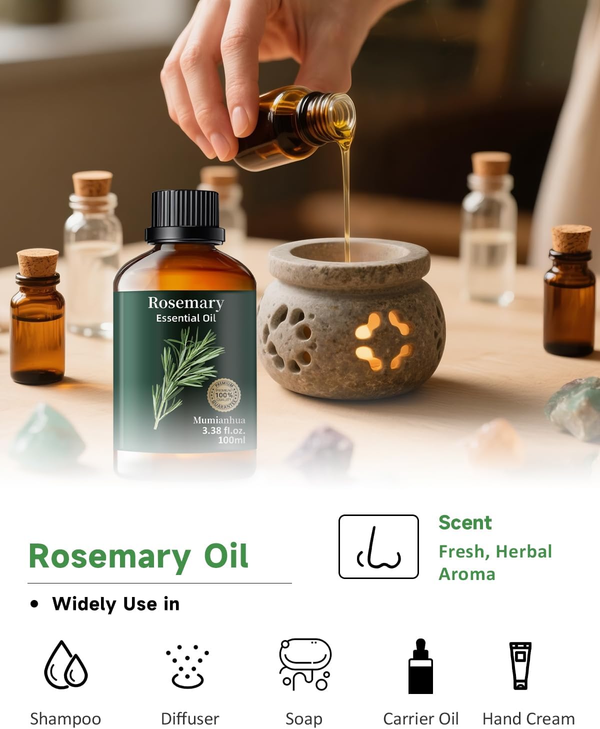 Rosemary Essential Oil Pure Mumianhua Natural Rosemary Oil for Diffuser, Aromatherapy, Cleansing, Scalp,Hair, Skin, Soap Making 3.38 Fl Oz