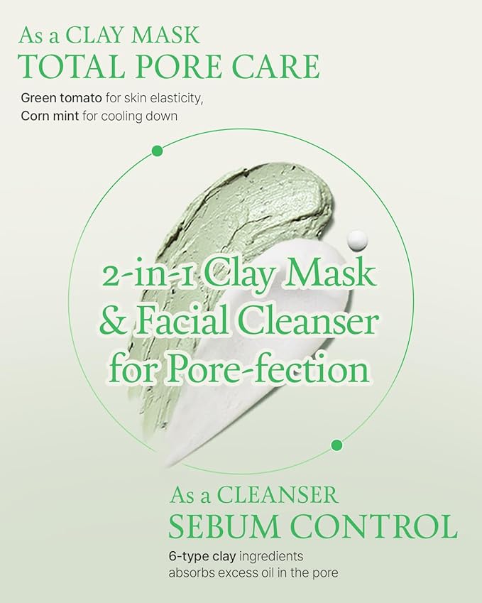 FULLY Green Tomato Pore Detox Clay Mask Cleanser, Pore Minimizing, Blackhead Care, Sebum Control, Exfoliation, Vegan, Face Wash, Sensitive Skin, Korean Skincare 4.05 fl.oz