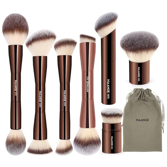 MAANGE 7pcs Makeup Brush Set Double Sided Kabuki Makeup Brushes Contour Brush for Foundation Liquid Powder Concealer Cream Cosmetics Bronzer Blending Blush Buffing Makeup Tools (Coffee)