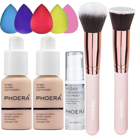 PHOERA Foundation Makeup for Wome Full Coverage Foundation Set,Face Primer Foundation Brush Powder Brush,5 Makeup Sponge,30ml PHOERA 24HR Matte Oil Control Concealer (101 Porcelain + 102 Nude)