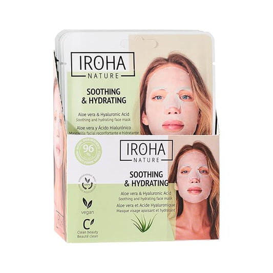 IROHA NATURE Comforting & Hydrating Tissue Face Mask with Aloe Vera | 15 Pieces | Aftersun Effect | 96% Natural Ingredients