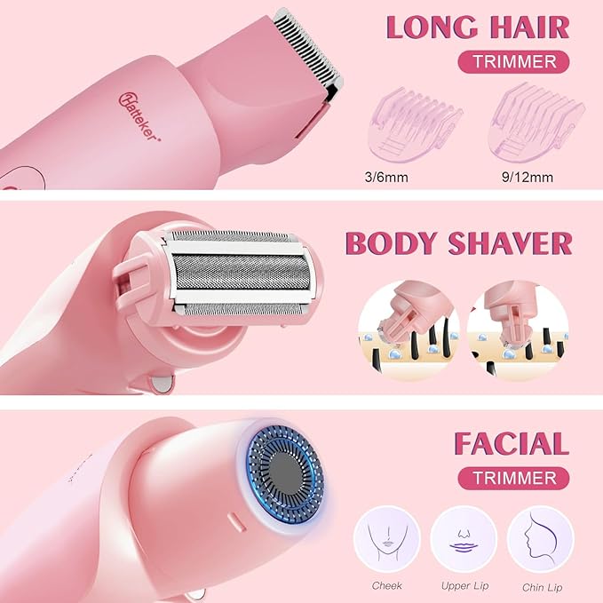 Hatteker Women's Electric Shaver Bikini Trimmer Hair Trimmer for Women LED Display Electric Razor for Legs Bikini Underarm Public Hairs Led Display IPX7 Waterproof Gift for Women (Pink)