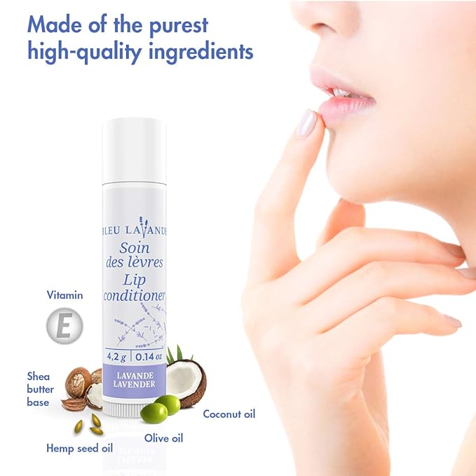 Bleu Lavande - Natural Lavender Lip Conditioner – Stick Lip Balm Repairs, Moisturizes & Protects - Soothes Chapped Lips & Restores Hydratation - Olive Oil & Shea Butter Base Lip Care - 4.2g - 3 Pack