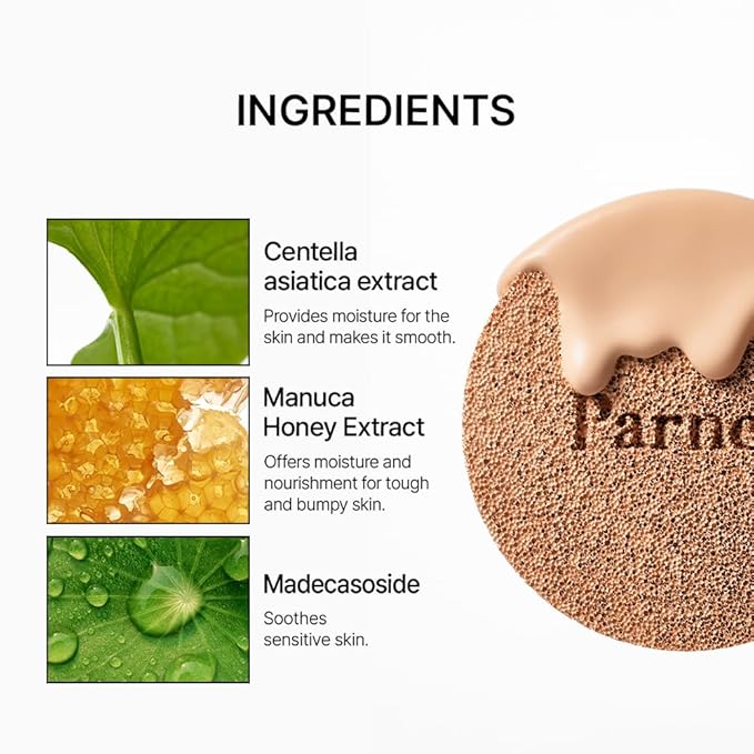 Parnell Cicamanu Serum Cushion - Moisturizing Foundation for Soothing, Coverage, Glass Skin and Lightweight for Sensitive and Dry Skin Pearl Skin (0.52 Fl Oz) (19C)