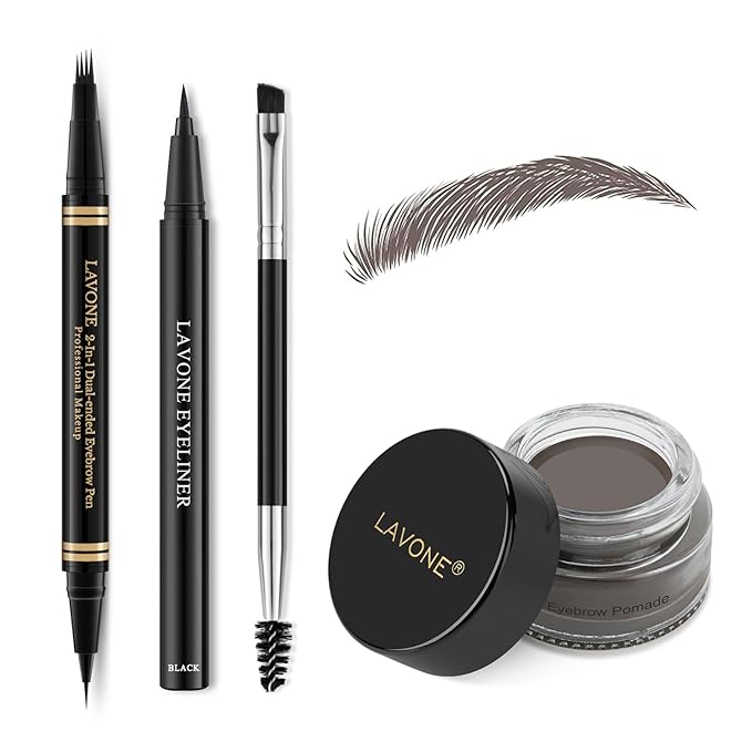 Eyebrow Makeup Kit - 4 Tip Waterproof Microblading Pencil, Eyeliner, Pomade, Dual-ended Brush - Natural Looking - Ebony