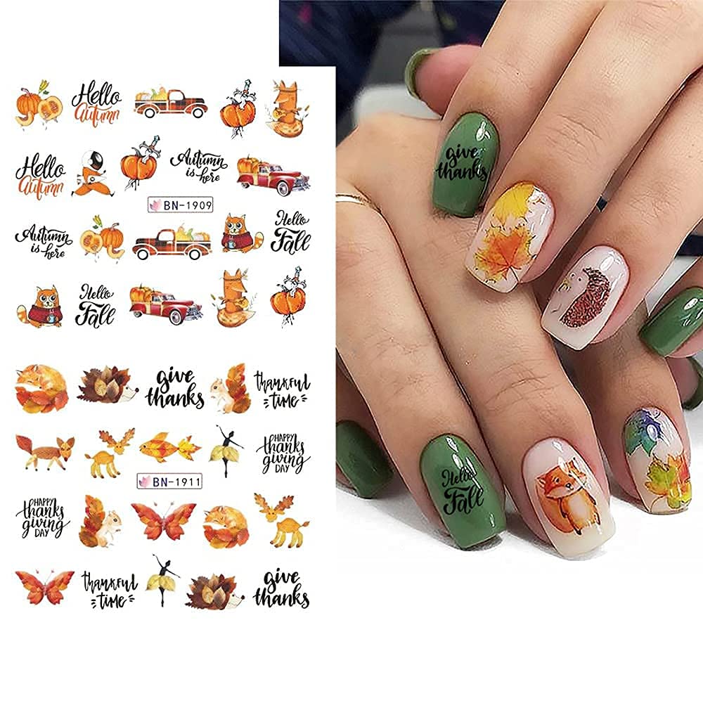 Fall Nail Art Stickers Thanksgiving Nail Decals 24 Sheets Maple Leaves Pumpkin Water Transfer Maple Leaf Turkey Pumpkin Animal Nail Design Sticker for Women Girls Fingernail Tattoos Decoration