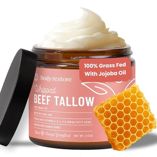 Body Restore Grass Fed Whipped Beef Tallow for Skin, Face, Body, Dry Skin - with Manuka Honey, Jojoba Oil, Birthday Gifts for Women, Men, Travel Essentials, Self Care - Citrus