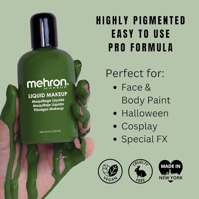 Mehron Makeup Liquid Makeup | Face Paint and Body Paint Perfect for Halloween, Cosplay I Air Brush Compatible 4.5 oz (133 ml) (GREEN)
