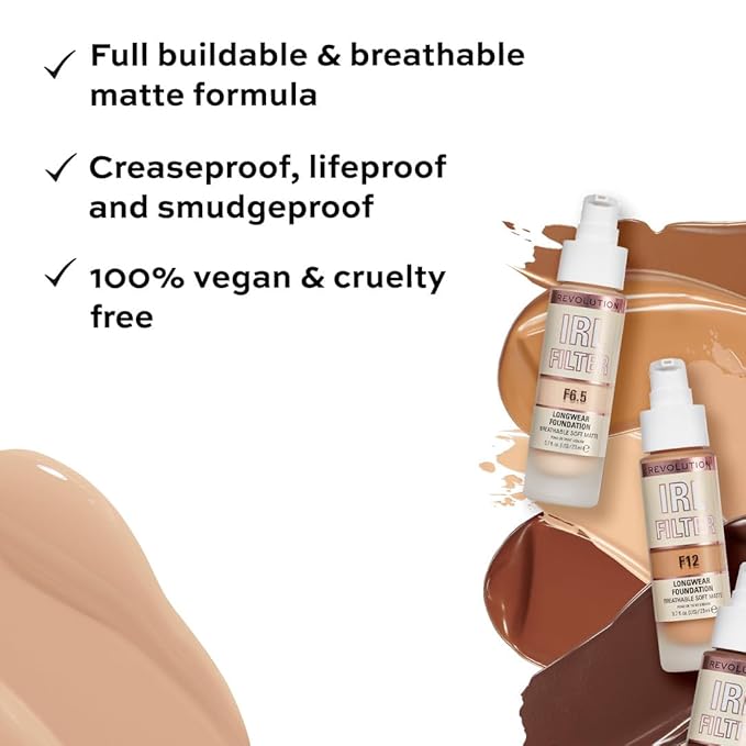 Revolution Beauty, IRL Filter Longwear Foundation, Soft & Breathable Formula, Medium to Full Coverage, Matte Finish, F10, 0.7 Fl. Oz