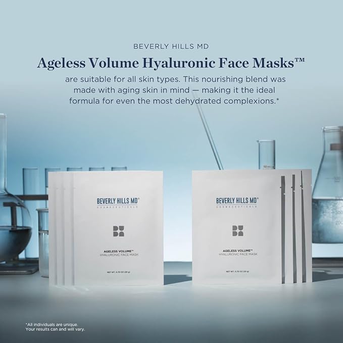 Ageless Volume Hyaluronic Face Mask- Reduce Appearance of Wrinkles, Anti Aging Formula for Plump, Moisturized Skin- 8 Pack- Hydrating & Firming Gentle Sheet Mask