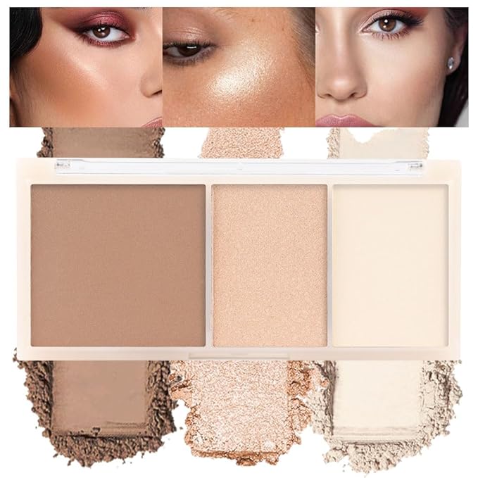 3 IN 1 Brown Nude Face Highlight Bronzer Powder Palette for Face Cheeks Contour Brightening, Buildable Matte Coverage Natural Makeup,Ultra Sculpt Nose Shadow Eyeshadow Primer 01#