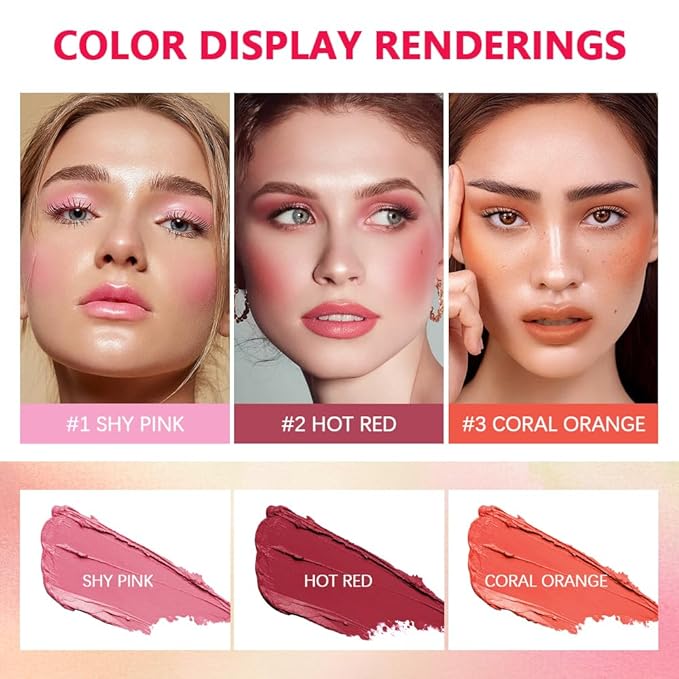 Blush Stick Matte Finish Waterproof Long Lasting Pink Red Cheek Lip Make-up Multi Lip Tint Stick Highlighter High Pigment Rouge Blush for Women Lady Daily Lip Cheek Makeup (2#hot red)