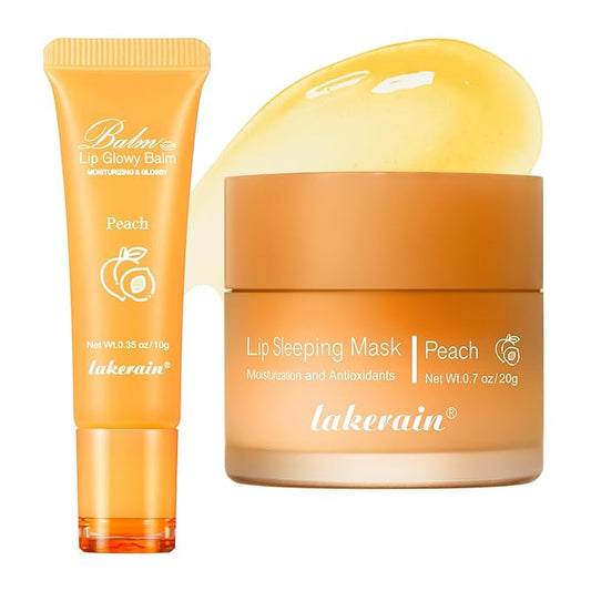 2Pcs Lip Glowy Balm and Lip Sleeping Mask Set, with 4 Flavor Options - Reduce Lip Lines, Enhance Lip Color, Hydrate & Plump Dry Chapped Lips Care (Peach)