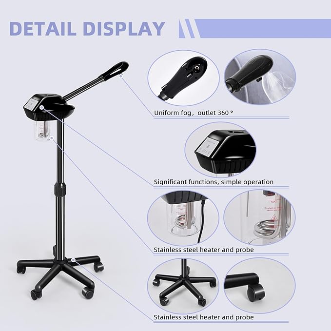 Facial Steamer, Face Steamer on on Wheels with More Steam, Adjustable Height for Face Steamer Suitable for Personal Home and Professional Personal Care Places，Moisturizing and Hydrating.