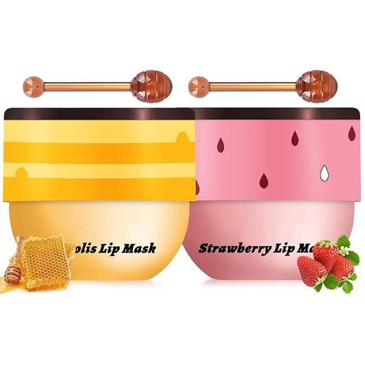 2PCS Bee Lip Balm Honey Pot, Honey Strawberry Lip balm Lip Mask with Stick, Moisturizing Lip Sleeping Mask Day & Night Lip Care - Hydrate Repair Prevent Dry Cracked Exfoliate (Honey & Strawberry)