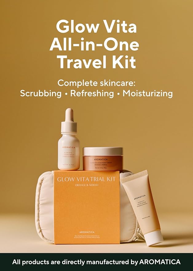 AROMATICA Glow Vita Trial Kit - Travel Size Skin Care Set [Vitamin C Serum 0.5 fl.oz, Facial Scrub 0.5 fl.oz, Goodnight Cream with Retinol 1oz] - Travel Kit for Women