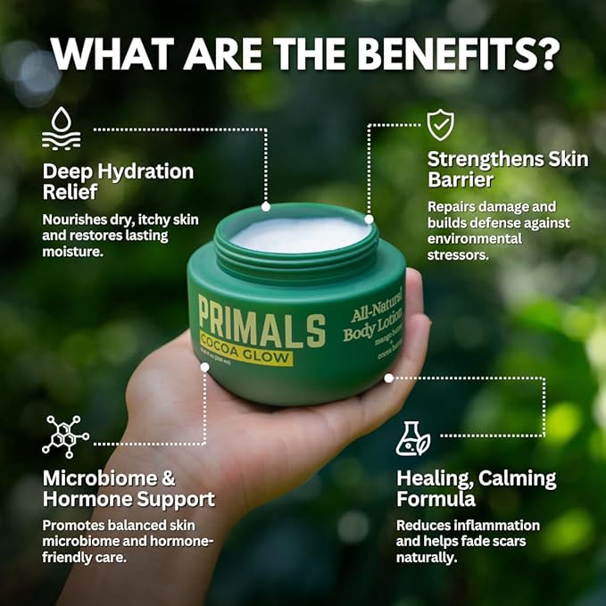 PRIMALS All Natural Body Lotion - Cocoa Butter & Mango Butter - 100% Naturally Derived Ingredients - Alcohol Free, Artificial Fragrance Free, Paraben Free, Petroleum Derivative Free - 8.45 oz