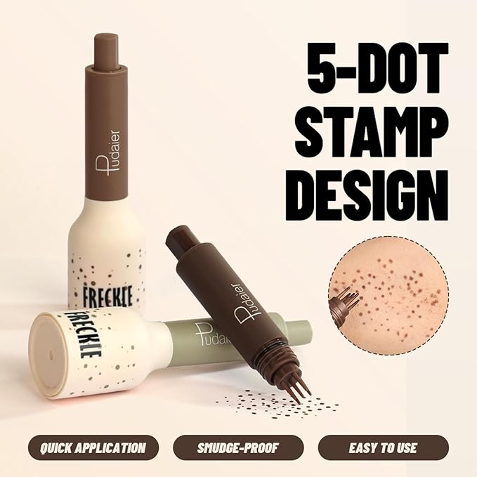 Freckle Stamp,Faux Freckle Stamp,Quick Dry Fake Freckles Pen,Waterproof Long Lasting Natural Vivid Faux Freckles Pen,Get Sun-Kissed Stars Makeup in One Press,5-Dot Design,03.Coffee.