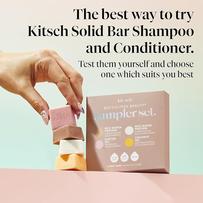 Kitsch Shampoo and Conditioner Set - 4pc Sampler Bars with Rice Water Shampoo and Conditioner, Castor Oil Shampoo & Coconut Oil Conditioner - Bottle-Free Beauty for Hair Growth, Repair & Moisture