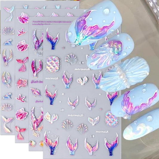 5D Dreamy Mermaid Tail Nail Stickers Summer Nail Decals 5D Embossed Laser Mermaid Nail Art Stickers Sea Wave Fishtail Shellfish Starfish Nail Design Stickers Self Adhsive Ocean Stickers for Nails DIY