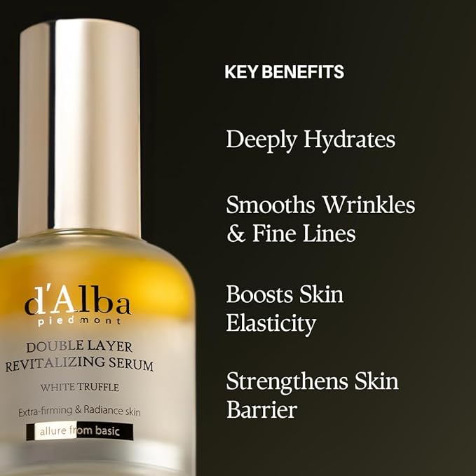 d'alba Piedmont Italian White Truffle Double Layer Revitalizing Serum, 100hr Hydration, Hyaluronic Acid and Centella Asiatica, Skin Firming and Tightening, Long-lasting Korean Skin Care (1.69 fl.oz)