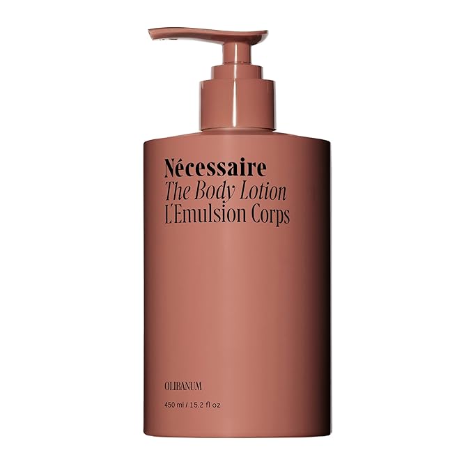 Nécessaire The Body Lotion with Pump. Olibanum. Multi-Peptide Firming to Moisturize + Strengthen. 2.5% Niacinamide, Vitamin C/E + Omega 6/9. Notes of Vanilla, Fig Leaf, & Cassis Buds. 450ml/15.2 fl oz