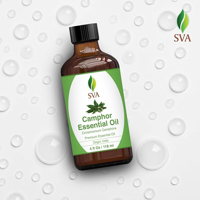 SVA Camphor Essential Oil – 4 Fl Oz – 100% Natural Camphor Oil - for Diffuser, Hair Care, Face, Skin Care, Aromatherapy, Scalp and Body Massage, Soap and Candle Making – with Dropper