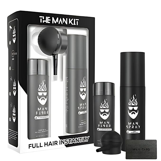 THE MAN KIT | Hair Set - Hair Thickening Fibers (Black), Hair Fiber Locking Spray + Applicator Fiber Pump to create Natural looking Fuller Hair and Beard | Man Card Included.