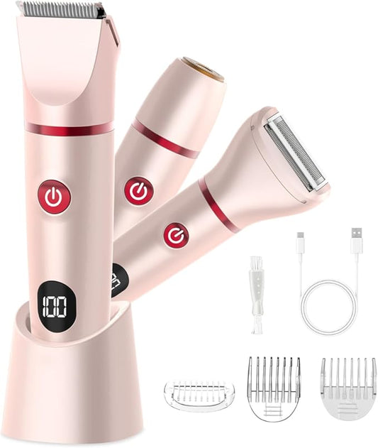 Bikini Trimmer for Women, Electric Razor for Pubic Hair 3-in-1, Bikini Shaver for Legs Body Hair, Womens Electric Razor IPX6 Waterproof, Gifts for Women,Pink