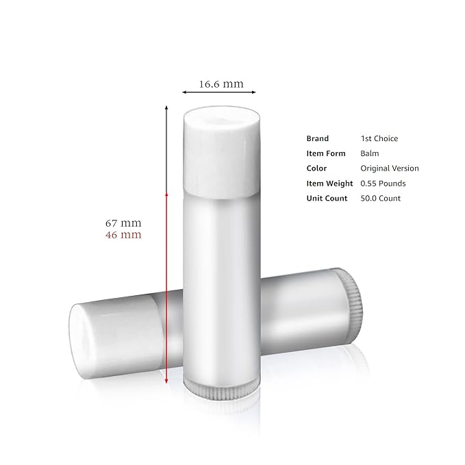 1st Choice 50 Lip Balm Empty Container Tubes 3/16 Oz (5.5ml), Natural White Color