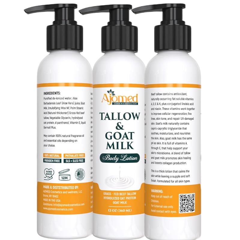 Grass Fed Beef Tallow & Goat Milk Body Lotion for Sensitive Skin, Organic Tallow Lotion - Soothes Dry Patches, dry skin eczema Moisturizer - Handmade Tallow Body Lotion (Sandalwood Vanilla, 12 Oz)